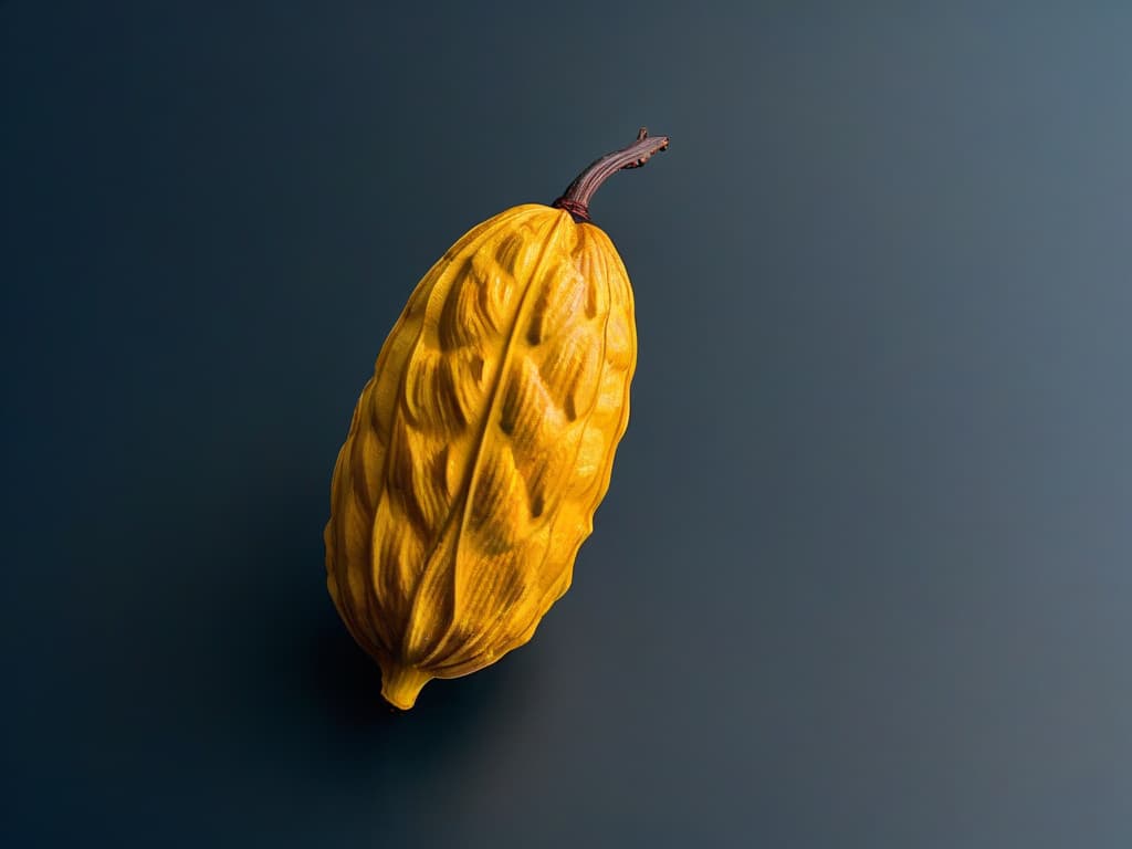  An ultradetailed image of a single, perfectly ripe cacao pod, showcasing the intricate textures of its smooth, elongated shape. The pod is set against a stark white background, emphasizing its natural beauty and the promise of delicious chocolate creations made from ethically sourced cacao. hyperrealistic, full body, detailed clothing, highly detailed, cinematic lighting, stunningly beautiful, intricate, sharp focus, f/1. 8, 85mm, (centered image composition), (professionally color graded), ((bright soft diffused light)), volumetric fog, trending on instagram, trending on tumblr, HDR 4K, 8K