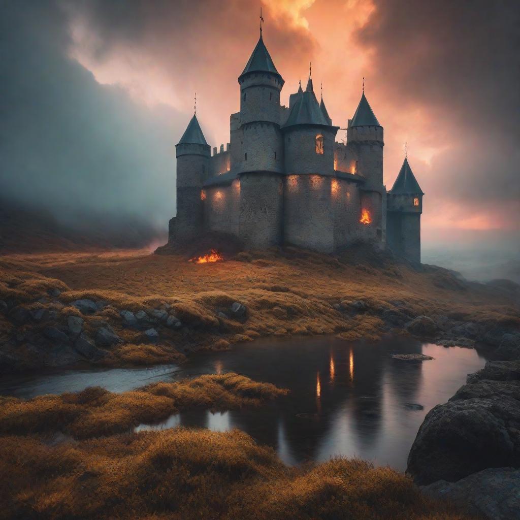  Medieval castle on fire, dark fantasy, 1970s style, burning flames, ominous atmosphere, crumbling walls, dramatic sky, retro colors, psychedelic, surreal, high contrast, aged texture, vintage look hyperrealistic, full body, detailed clothing, highly detailed, cinematic lighting, stunningly beautiful, intricate, sharp focus, f/1. 8, 85mm, (centered image composition), (professionally color graded), ((bright soft diffused light)), volumetric fog, trending on instagram, trending on tumblr, HDR 4K, 8K