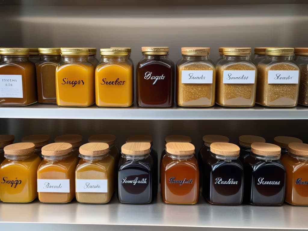  A closeup, ultradetailed image of a variety of natural sweeteners in glass jars arranged neatly on a sleek, modern kitchen countertop. From golden honey and rich maple syrup to raw sugar and coconut palm sugar, each jar is labeled elegantly with handwritten tags. The labels are artistically designed, showcasing the name of the sweetener in a calligraphy style against a background of soft, diffused lighting that highlights the textures and colors of the different sugars and syrups. This minimalist yet captivating image conveys a sense of sophistication and purity, perfectly complementing the informative yet inspirational tone of the article on selecting the best sweeteners for baking. hyperrealistic, full body, detailed clothing, highly detailed, cinematic lighting, stunningly beautiful, intricate, sharp focus, f/1. 8, 85mm, (centered image composition), (professionally color graded), ((bright soft diffused light)), volumetric fog, trending on instagram, trending on tumblr, HDR 4K, 8K