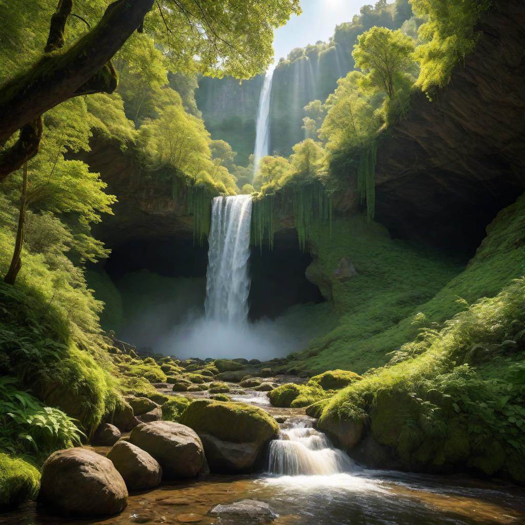  A waterfall flowing off the edge of a cave in the middle of a dense forest. Sunlight is gleaming through the waterfall, creating a sparkling effect. The surrounding area is lush with green foliage, moss-covered rocks, and a serene, magical atmosphere. hyperrealistic, full body, detailed clothing, highly detailed, cinematic lighting, stunningly beautiful, intricate, sharp focus, f/1. 8, 85mm, (centered image composition), (professionally color graded), ((bright soft diffused light)), volumetric fog, trending on instagram, trending on tumblr, HDR 4K, 8K