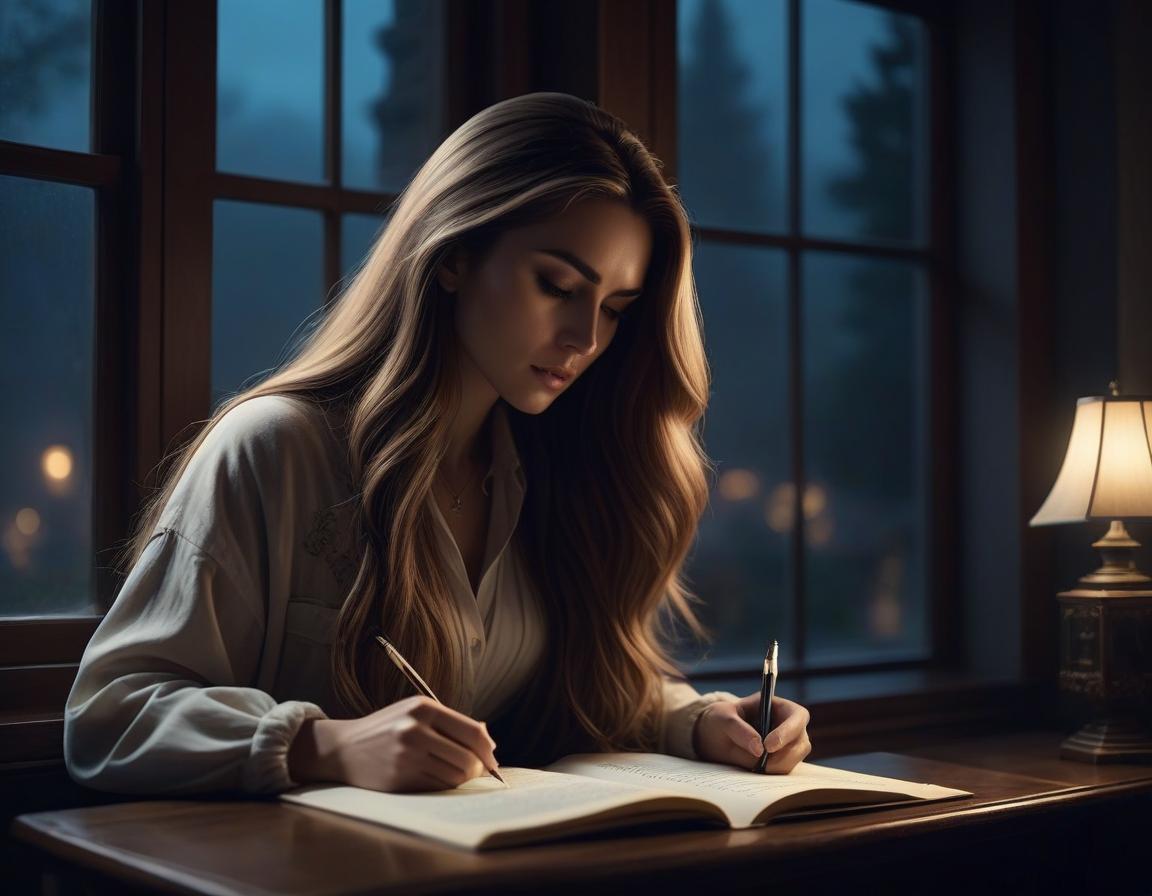  A long haired girl writes poems at night by the window. hyperrealistic, full body, detailed clothing, highly detailed, cinematic lighting, stunningly beautiful, intricate, sharp focus, f/1. 8, 85mm, (centered image composition), (professionally color graded), ((bright soft diffused light)), volumetric fog, trending on instagram, trending on tumblr, HDR 4K, 8K