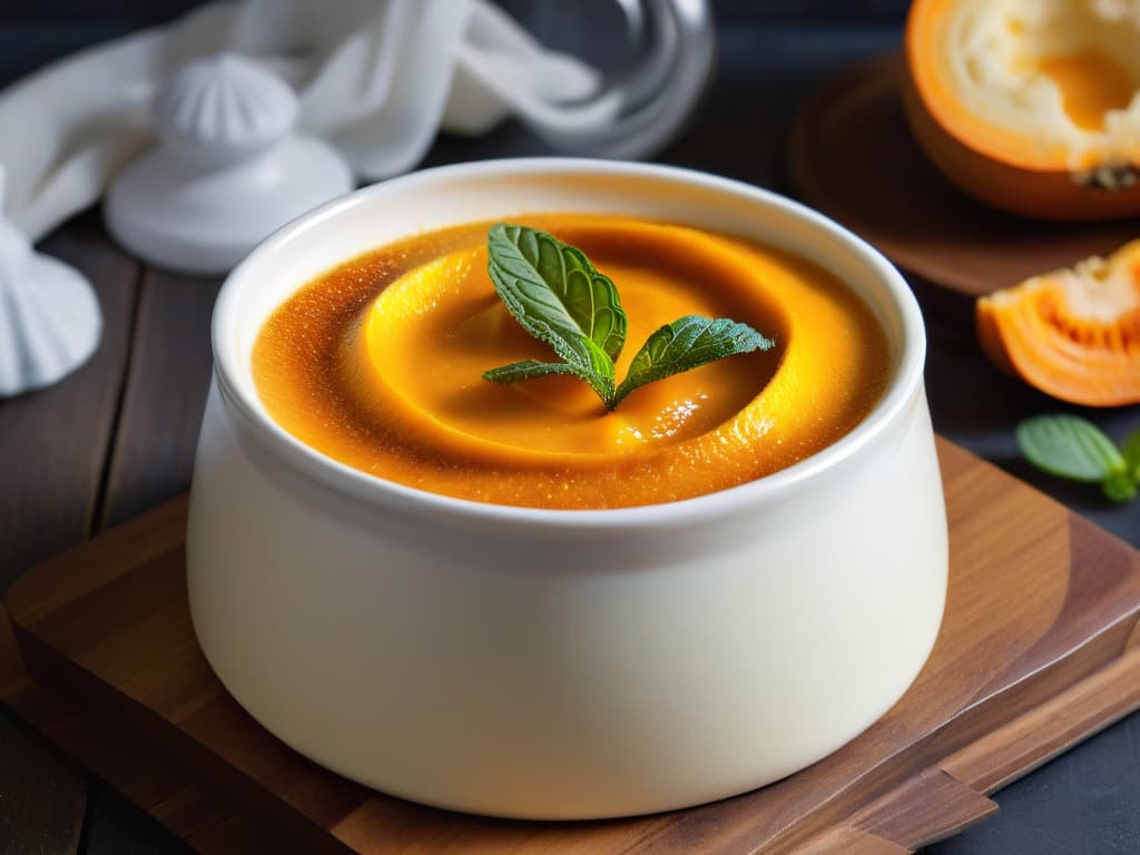  A closeup, ultradetailed image of a freshly baked crema catalana de calabaza in a sleek, modern white ceramic ramekin, topped with a perfectly caramelized sugar crust, delicately garnished with a sprig of fresh mint leaves, and set on a dark, elegant wooden table. The caramelized surface reflects the soft ambient light, highlighting the rich orange hues of the pumpkin custard underneath, creating a visually stunning and appetizing composition. hyperrealistic, full body, detailed clothing, highly detailed, cinematic lighting, stunningly beautiful, intricate, sharp focus, f/1. 8, 85mm, (centered image composition), (professionally color graded), ((bright soft diffused light)), volumetric fog, trending on instagram, trending on tumblr, HDR 4K, 8K