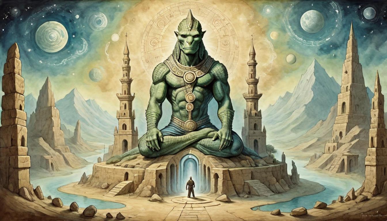  on parchment, surrealism+++, Reptilian figure standing solid and unwavering, foundation made of ancient stones and cosmic symbols, human figure building on this foundation, ethereal energy flowing upwards, uniting earthly and spiritual, firm, uplifting(mysterious, provocative, symbolic,muted color)+++