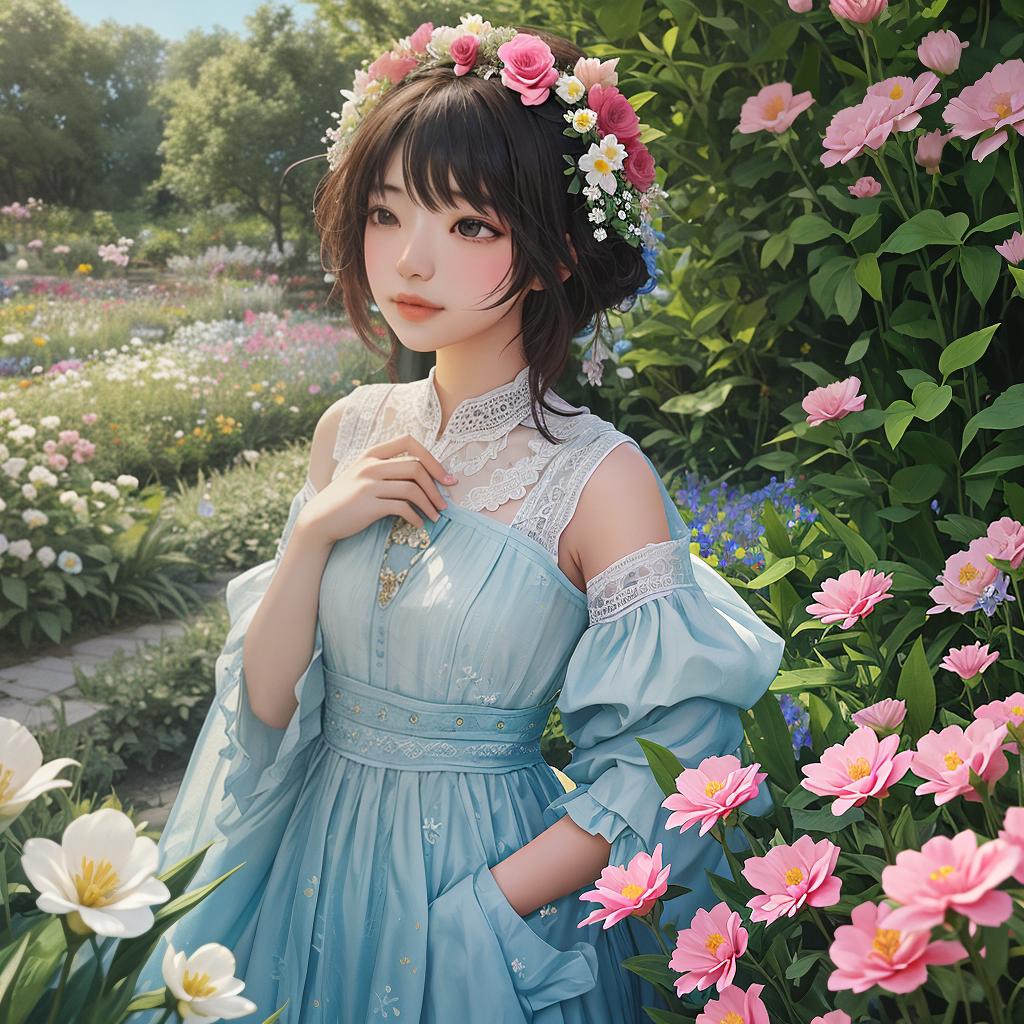  as a cinematic render, Immerse a girl in a garden of euphoria, where flowers bloom with vibrant emotions under the artful touch of the dream shaper.