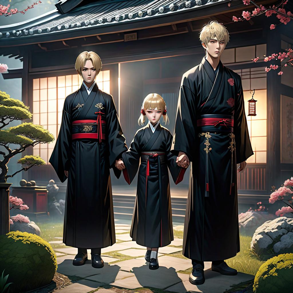  macabre style On the image, there are three people. A Japanese boy with light hair, standing in a Japanese style house. A Russian girl with an oval face. The girl and the boy are holding hands. A Korean pastor in a black robe, who is standing in the background, in a garden. . dark, gothic, grim, haunting, highly detailed hyperrealistic, full body, detailed clothing, highly detailed, cinematic lighting, stunningly beautiful, intricate, sharp focus, f/1. 8, 85mm, (centered image composition), (professionally color graded), ((bright soft diffused light)), volumetric fog, trending on instagram, trending on tumblr, HDR 4K, 8K