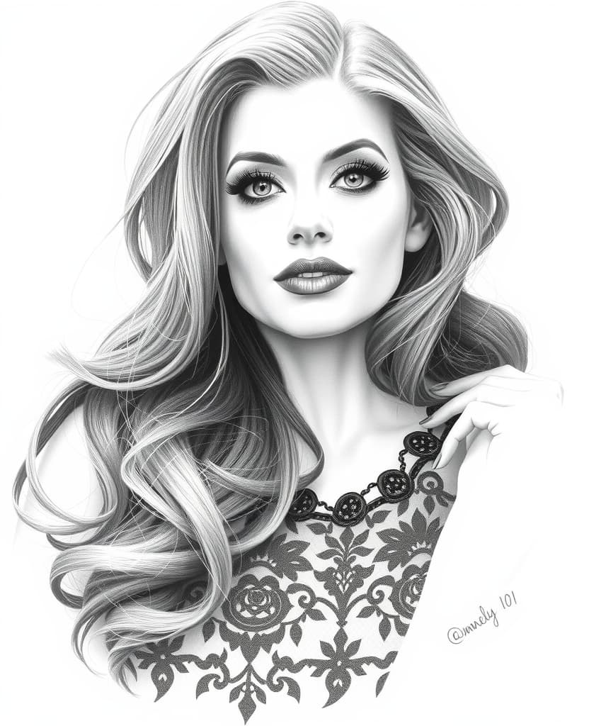  good quality, high quality, a stunning minimalist pencil sketch of a mature 40 woman with cascading wavy hair, framing her voluminous locks that fall gracefully down her shoulders. big female curves. big . big hip. her almond shaped eyes are accentuated with sharp eyeliner and mascara, drawing attention to her striking gaze. her lips are adorned with a deep shade of red, adding a pop of vint color. the woman wears a lace , the lines of which accentuate her curvy figure. her direct gaze, locked onto the viewer, captures the essence of the piece, transforming it into a captivating portrait., vint, painting, photo.