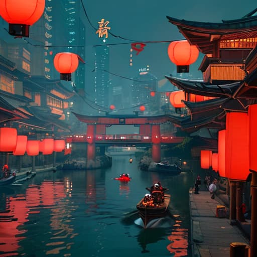  In the Cyberpunk style festival celebration scene, a dragon boat filled with Zongzi wrapped in bamboo leaves and tightened by a red rope floats quietly on the water. The background is a cyberpunk building full of futuristic technology, with holiday lanterns hanging from the building, creating an atmosphere of festive celebration. The entire picture combines traditional cultural elements with modern technology, displaying a unique visual impact.，