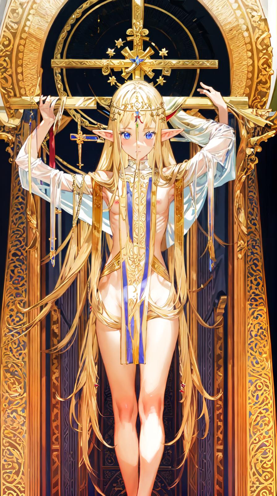  master piece , best quality,Naked, elf, blonde, long straight hair, crucifixion