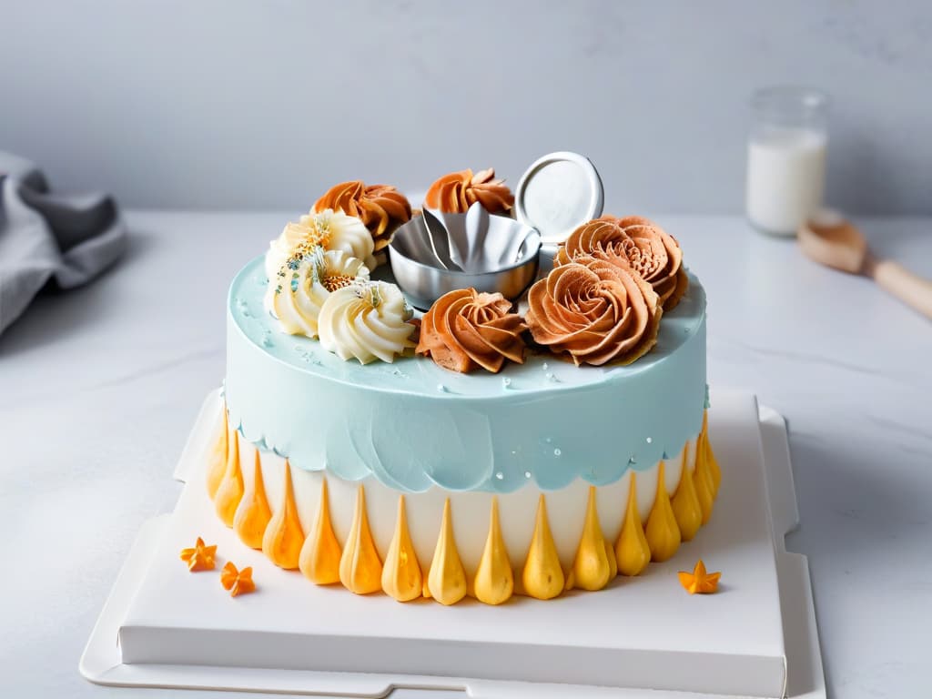  A minimalist image of a beautifully decorated cake with precise piping details showcasing different frosting techniques in soft pastel colors, placed on a sleek marble countertop under soft, natural lighting. The cake is surrounded by neatly arranged kitchen tools like piping bags, spatulas, and measuring cups, all highlighting the precision and attention to detail required in professional baking. hyperrealistic, full body, detailed clothing, highly detailed, cinematic lighting, stunningly beautiful, intricate, sharp focus, f/1. 8, 85mm, (centered image composition), (professionally color graded), ((bright soft diffused light)), volumetric fog, trending on instagram, trending on tumblr, HDR 4K, 8K