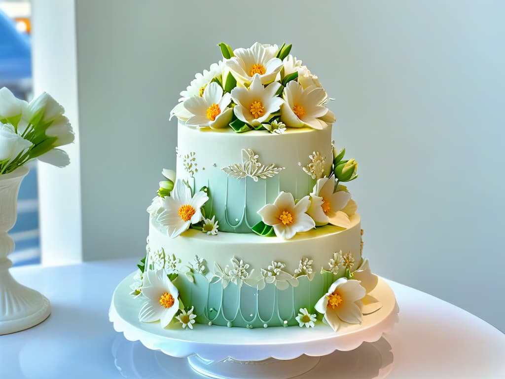  A photorealistic image of a beautifully decorated threetiered cake, adorned with intricate fondant flowers and delicate piping details. The cake sits on a pristine white cake stand, with soft natural light filtering through a nearby window, casting a gentle glow on the sugary masterpiece. The attention to detail is impeccable, showcasing the artistry and precision involved in professionallevel baking. hyperrealistic, full body, detailed clothing, highly detailed, cinematic lighting, stunningly beautiful, intricate, sharp focus, f/1. 8, 85mm, (centered image composition), (professionally color graded), ((bright soft diffused light)), volumetric fog, trending on instagram, trending on tumblr, HDR 4K, 8K