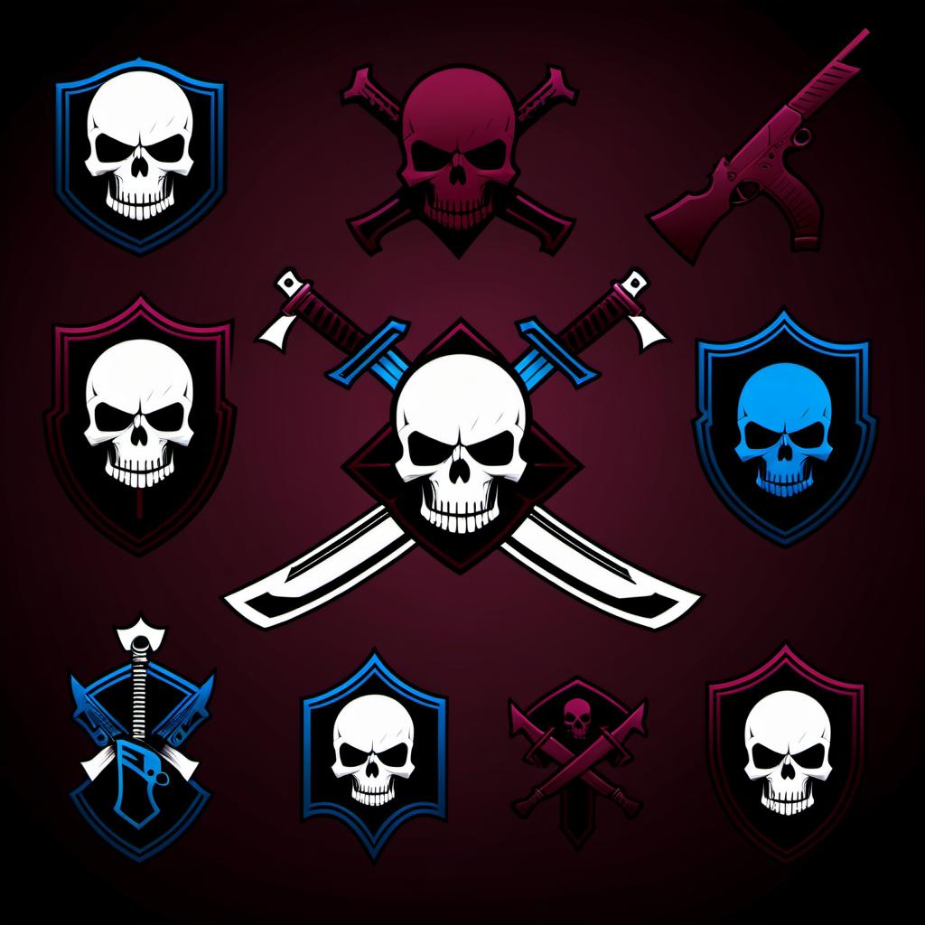  Icons and symbols for Striper at level, skull, weapon, woman, girl, burgundy and blue colors