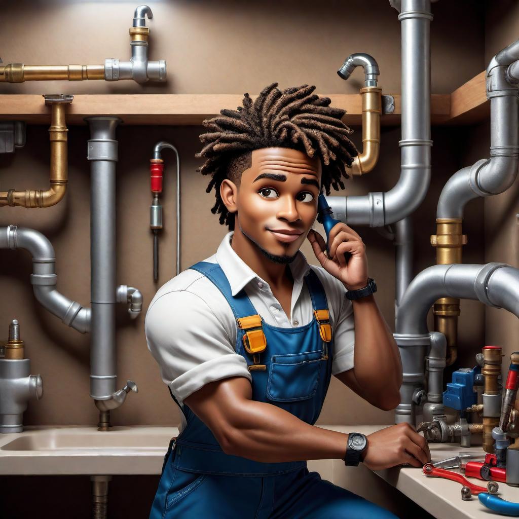  A realistic cartoon image of a 10 , a light-skinned boy of African American descent, portraying to be an expert plumber. He should have features reflecting his heritage, such as light brown skin, dark eyes, and dreadlocks with beads in them. He is wearing work attire and equipment as a uniform, suitable for a plumber, including a tool belt and plumbing tools. The background should feature elements of his work, such as pipes, wrenches, or other plumbing-related items. The image should focus on the and his attire, maintaining a realistic cartoon drawing style. hyperrealistic, full body, detailed clothing, highly detailed, cinematic lighting, stunningly beautiful, intricate, sharp focus, f/1. 8, 85mm, (centered image composition), (professionally color graded), ((bright soft diffused light)), volumetric fog, trending on instagram, trending on tumblr, HDR 4K, 8K