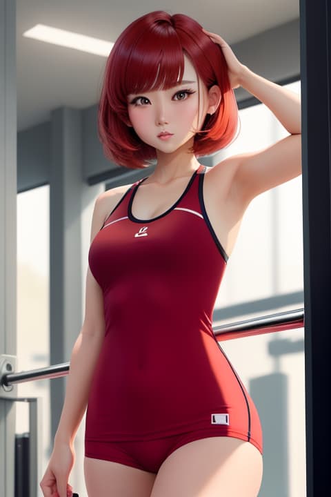  , Bobcut hair, at the Gym, Sad face, American ethnicity, Red hair, Sundress clothes, 1girl, mature, cute face, model face, medium sized eyes, both eyes are same, colored hair, (centered in frame)+,