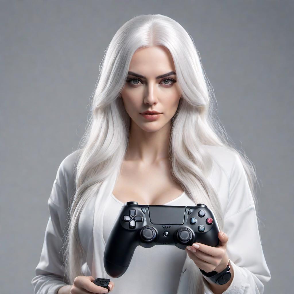  beautiful woman with long white hair big, full body view in camera, holding a gaming controller staring at the camera with the expression of playing an intense game. hyperrealism, 4k, no background hyperrealistic, full body, detailed clothing, highly detailed, cinematic lighting, stunningly beautiful, intricate, sharp focus, f/1. 8, 85mm, (centered image composition), (professionally color graded), ((bright soft diffused light)), volumetric fog, trending on instagram, trending on tumblr, HDR 4K, 8K