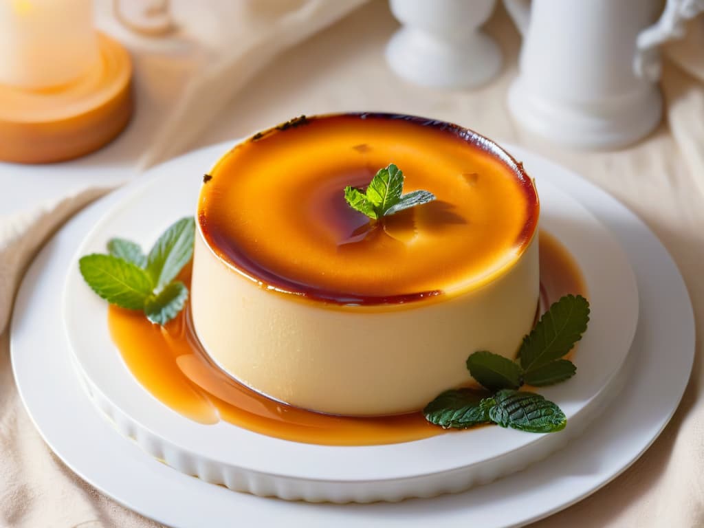  A highresolution closeup photograph of a traditional Spanish flan, showcasing its smooth, caramelized surface with a golden hue, adorned with a delicate mint leaf for garnish. The dessert is set on a pristine white plate, against a softly blurred background that hints at a cozy kitchen setting with warm lighting and subtle shadows, evoking a sense of comfort and indulgence. The texture of the flan is so detailed that individual air bubbles are visible, adding to the allure of this classic Spanish treat. hyperrealistic, full body, detailed clothing, highly detailed, cinematic lighting, stunningly beautiful, intricate, sharp focus, f/1. 8, 85mm, (centered image composition), (professionally color graded), ((bright soft diffused light)), volumetric fog, trending on instagram, trending on tumblr, HDR 4K, 8K