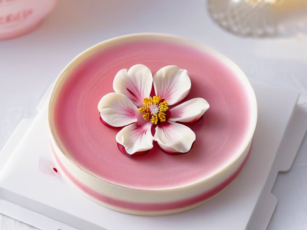  An image of a beautifully crafted Wagashi, traditional Japanese confectionery, meticulously shaped into a delicate cherry blossom flower. The Wagashi sits on a simple, elegant white plate, showcasing its intricate details and vibrant colors. The background is blurred to keep the focus solely on the exquisite dessert, highlighting the artistry and precision that goes into creating Japanese sweets. hyperrealistic, full body, detailed clothing, highly detailed, cinematic lighting, stunningly beautiful, intricate, sharp focus, f/1. 8, 85mm, (centered image composition), (professionally color graded), ((bright soft diffused light)), volumetric fog, trending on instagram, trending on tumblr, HDR 4K, 8K