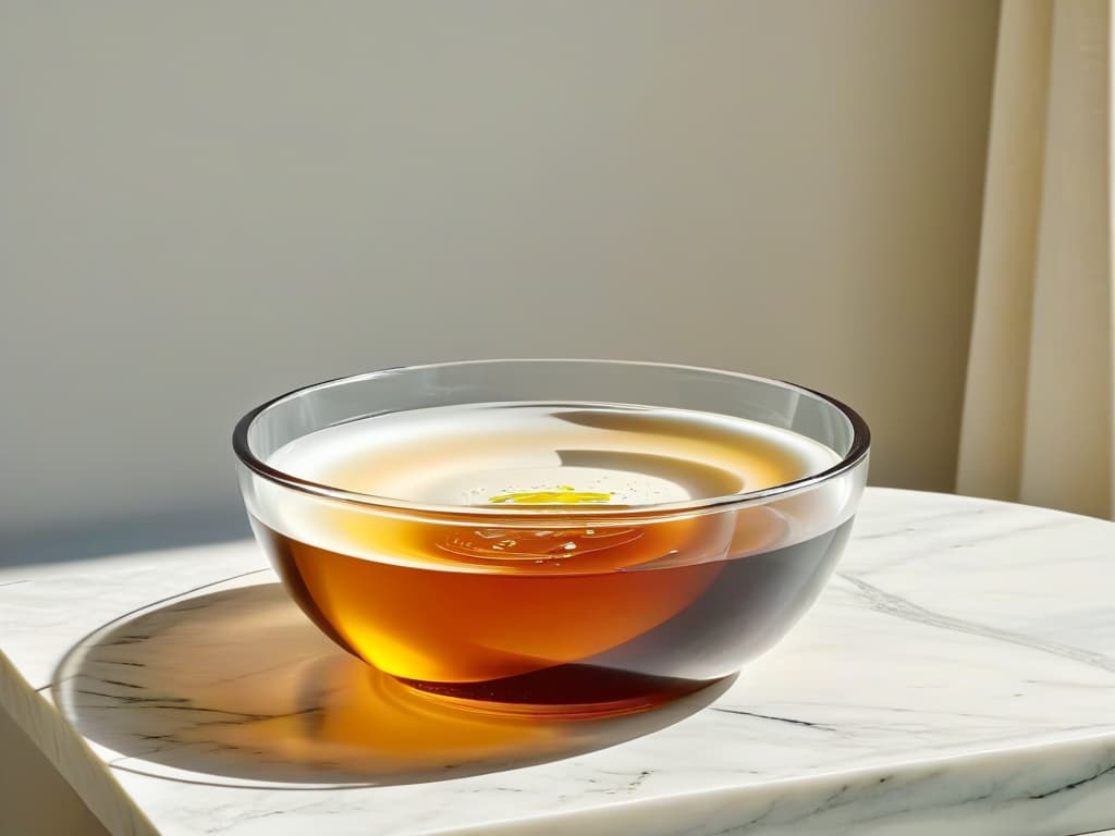  A closeup, ultradetailed image of a crystalclear glass bowl filled with a glossy, amberhued liquid vinegar, positioned elegantly on a marble countertop under warm ambient lighting. The intricate details of the liquid's texture and the play of light through the bowl showcase a minimalistic yet captivating visual representation of the key secret ingredient in the article's highlighted recipes. hyperrealistic, full body, detailed clothing, highly detailed, cinematic lighting, stunningly beautiful, intricate, sharp focus, f/1. 8, 85mm, (centered image composition), (professionally color graded), ((bright soft diffused light)), volumetric fog, trending on instagram, trending on tumblr, HDR 4K, 8K