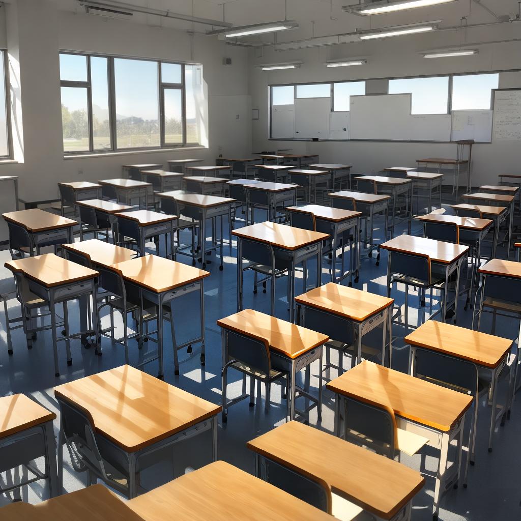  A spacious, empty classroom with modern desks, clean blackboards on the walls, a delicate lectern in front of the classroom, sunlight shining into the teacher, no students, no teacher, no one