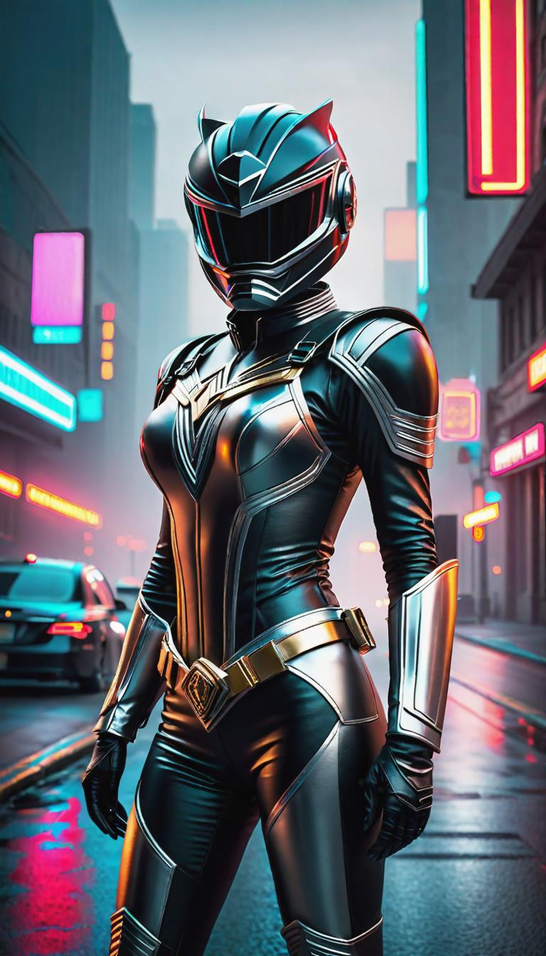  Cyberpunk style depiction of Taylor Swift as a Black Power Ranger helmet on with visor down. The scene is set in a world where technology has advanced, but society and human conditions have not, creating a gritty, dystopian atmosphere. hyperrealistic, full body, detailed clothing, highly detailed, cinematic lighting, stunningly beautiful, intricate, sharp focus, f/1. 8, 85mm, (centered image composition), (professionally color graded), ((bright soft diffused light)), volumetric fog, trending on instagram, trending on tumblr, HDR 4K, 8K