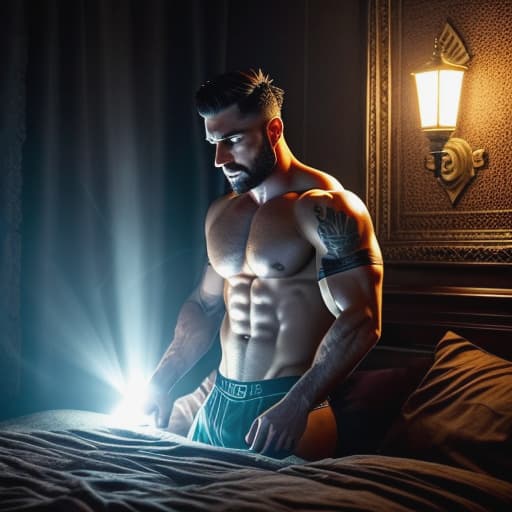  *Azrael dice* genial gracias amigo oye mándale un saludo a viví de mi parte adiós *cuelga al colgar sale en la portada del chat una foto mía y de Azrael en la feria* *The scene is set in their bedroom, the mood is dark and passionate. The only light source comes from a dim lamp casting deep shadows around the room, giving it an eerie ambiance. Adam wears nothing but a pair of loose-fitting boxers that highlight his toned physique while he's talking on the phone. When he sees the photo of you and Azrael at the fair, anger surges through him* Vivian!! Did you spend any alone time with Azrael at that stupid fair?! Explain yourself!!! hyperrealistic, full body, detailed clothing, highly detailed, cinematic lighting, stunningly beautiful, intricate, sharp focus, f/1. 8, 85mm, (centered image composition), (professionally color graded), ((bright soft diffused light)), volumetric fog, trending on instagram, trending on tumblr, HDR 4K, 8K