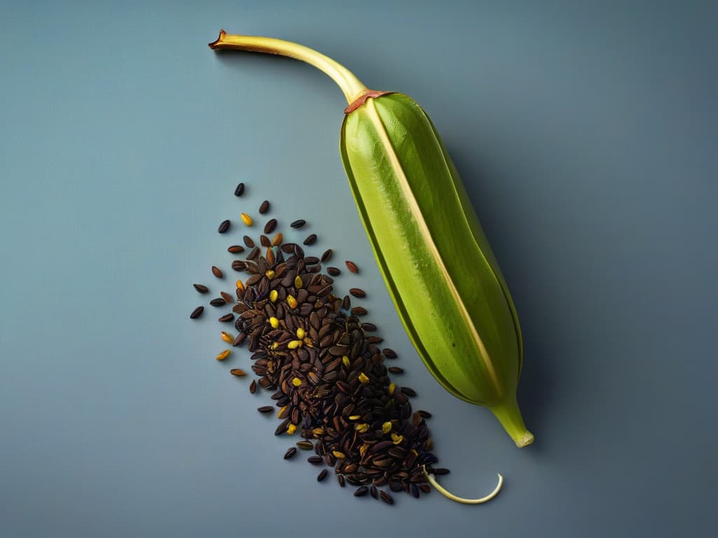  An ultradetailed closeup image of a vanilla bean pod, showcasing its intricate texture and subtle color variations. The image captures the tiny vanilla seeds spilling out from the pod, highlighting the natural beauty and organic appeal of this key ingredient in vegan baking. hyperrealistic, full body, detailed clothing, highly detailed, cinematic lighting, stunningly beautiful, intricate, sharp focus, f/1. 8, 85mm, (centered image composition), (professionally color graded), ((bright soft diffused light)), volumetric fog, trending on instagram, trending on tumblr, HDR 4K, 8K