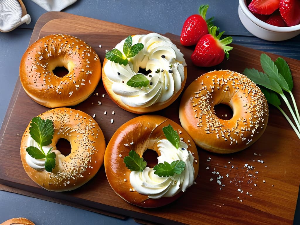  A detailed, ultrahigh resolution image of a variety of freshly baked keto bagels arranged on a rustic wooden cutting board. The bagels are golden brown, sprinkled with sesame seeds, and displayed alongside a small bowl of whipped cream cheese with chives and a handful of vibrant, fresh berries. The lighting is soft, casting gentle shadows that highlight the textures of the bagels and the glossiness of the cream cheese. This minimalistic yet highly detailed image captures the essence of keto baking and the delicious possibilities of lowcarb bread alternatives. hyperrealistic, full body, detailed clothing, highly detailed, cinematic lighting, stunningly beautiful, intricate, sharp focus, f/1. 8, 85mm, (centered image composition), (professionally color graded), ((bright soft diffused light)), volumetric fog, trending on instagram, trending on tumblr, HDR 4K, 8K