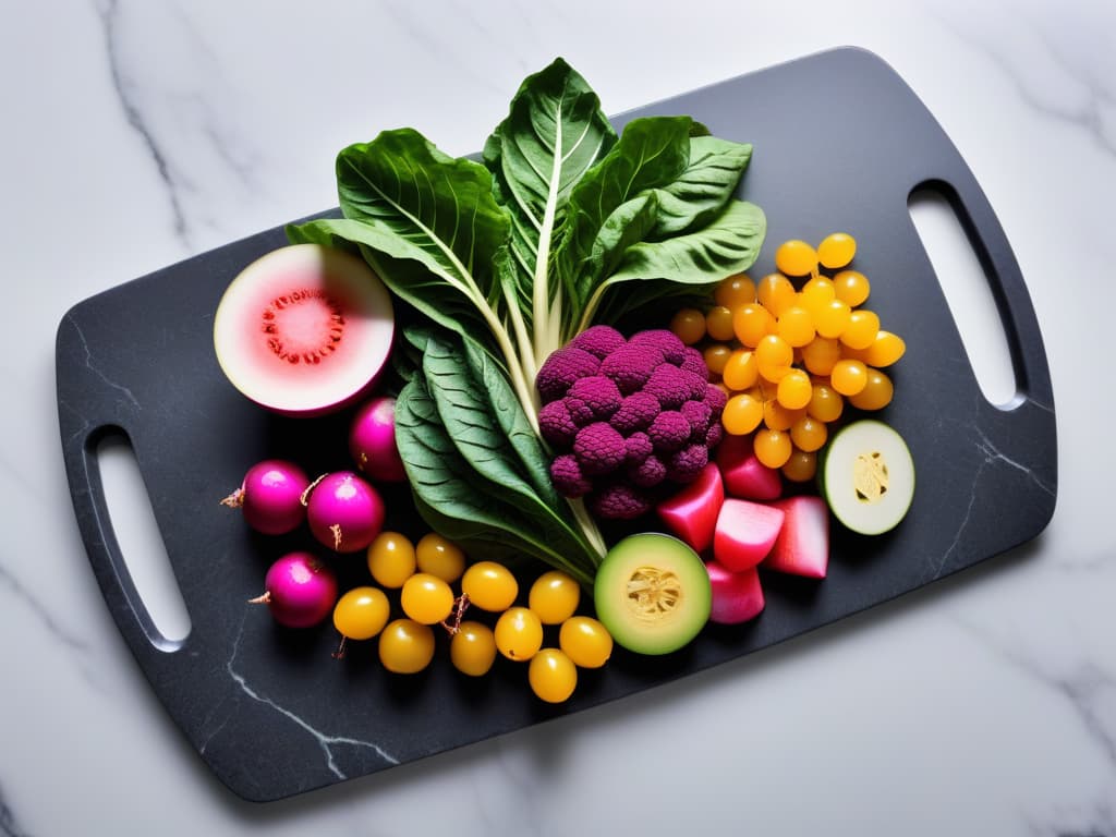  A vibrant, ultradetailed image showcasing a variety of colorful, innovative vegan salad ingredients such as rainbow chard, watermelon radishes, purple cauliflower, and goldenberries arranged meticulously on a sleek, modern marble cutting board. The vegetables glisten with freshness under a soft, natural light, highlighting their textures and vibrant hues. The background is a stylish, minimalist kitchen setting with hints of green plants and modern kitchen utensils, creating a visually appealing and appetizing scene. hyperrealistic, full body, detailed clothing, highly detailed, cinematic lighting, stunningly beautiful, intricate, sharp focus, f/1. 8, 85mm, (centered image composition), (professionally color graded), ((bright soft diffused light)), volumetric fog, trending on instagram, trending on tumblr, HDR 4K, 8K