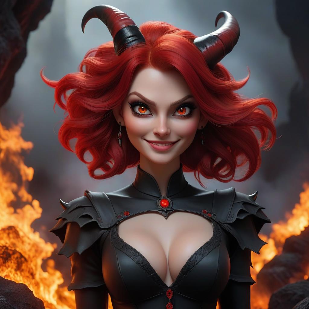  hyperrealistic art A girl demon with red hair is smiling. Her face is serene. Her black horns and red eyes contrast against her dark clothing amidst a backdrop of hell. . extremely high resolution details, photographic, realism pushed to extreme, fine texture, incredibly lifelike hyperrealistic, full body, detailed clothing, highly detailed, cinematic lighting, stunningly beautiful, intricate, sharp focus, f/1. 8, 85mm, (centered image composition), (professionally color graded), ((bright soft diffused light)), volumetric fog, trending on instagram, trending on tumblr, HDR 4K, 8K