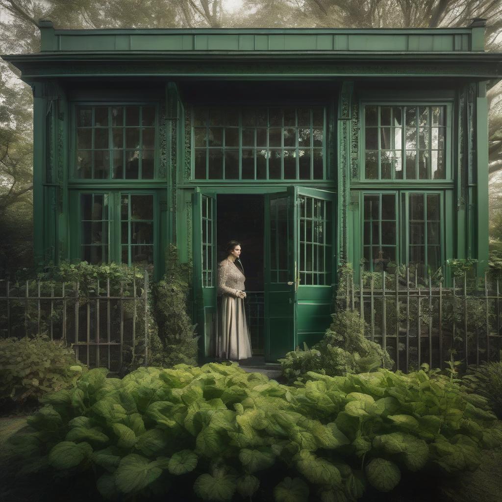  A two story green house, behind a high iron fence and shades on the windows. hyperrealistic, full body, detailed clothing, highly detailed, cinematic lighting, stunningly beautiful, intricate, sharp focus, f/1. 8, 85mm, (centered image composition), (professionally color graded), ((bright soft diffused light)), volumetric fog, trending on instagram, trending on tumblr, HDR 4K, 8K