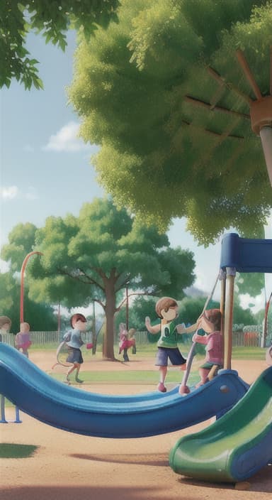  {Children playing in a sunny park with swings and slides., Same group of happy children, now wearing casual play clothes.