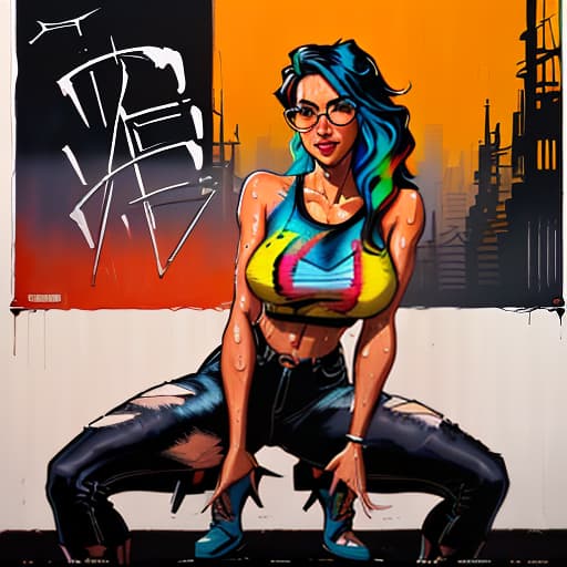  (dark shot:1.4), 80mm, (Masterpiece, old poster style, acrylic painting, bold strokes, sweat:1.4), hippie girl, defiant cyberpunk style clothing and hairstyle, long hair, ripped jeans, dark glasses, 60's style, extraordinary pose, pinup, ironic smile, contrasting colors and lighting, high resolution, high detail, high attention to detail., soft light, sharp, exposure blend, medium shot, bokeh, (hdr:1.4), high contrast, (cinematic, teal and orange:0.85), (muted colors, dim colors, soothing tones:1.3), low saturation, (hyperdetailed:1.2), (noir:0.4) hyperrealistic, full body, detailed clothing, highly detailed, cinematic lighting, stunningly beautiful, intricate, sharp focus, f/1. 8, 85mm, (centered image composition), (professionally color graded), ((bright soft diffused light)), volumetric fog, trending on instagram, trending on tumblr, HDR 4K, 8K