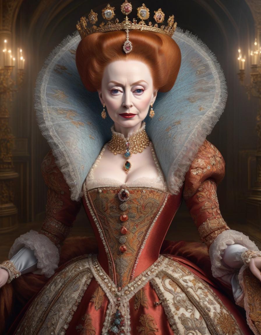  Queen Elizabeth I Tudor, painting, Mark Ryden, surreal hyperrealistic, full body, detailed clothing, highly detailed, cinematic lighting, stunningly beautiful, intricate, sharp focus, f/1. 8, 85mm, (centered image composition), (professionally color graded), ((bright soft diffused light)), volumetric fog, trending on instagram, trending on tumblr, HDR 4K, 8K