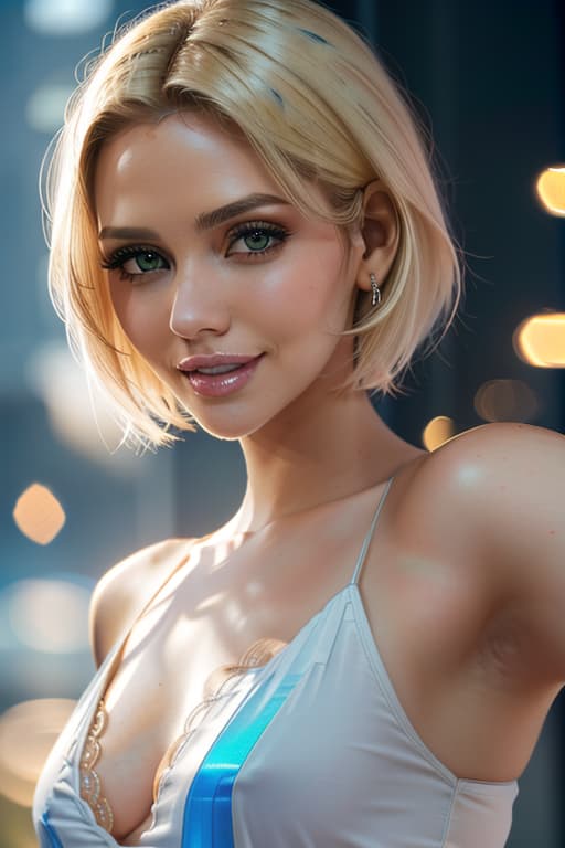  1girl,1girl,blonde short hair,straight hair,upper body shot,shirt,smile hyperrealistic, full body, detailed clothing, highly detailed, cinematic lighting, stunningly beautiful, intricate, sharp focus, f/1. 8, 85mm, (centered image composition), (professionally color graded), ((bright soft diffused light)), volumetric fog, trending on instagram, trending on tumblr, HDR 4K, 8K