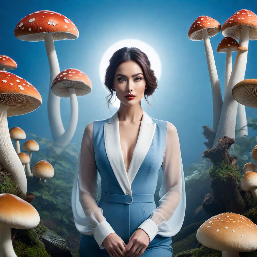  Generate a beautiful picture featuring circles, mushrooms, sunshine, and a blue background. hyperrealistic, full body, detailed clothing, highly detailed, cinematic lighting, stunningly beautiful, intricate, sharp focus, f/1. 8, 85mm, (centered image composition), (professionally color graded), ((bright soft diffused light)), volumetric fog, trending on instagram, trending on tumblr, HDR 4K, 8K