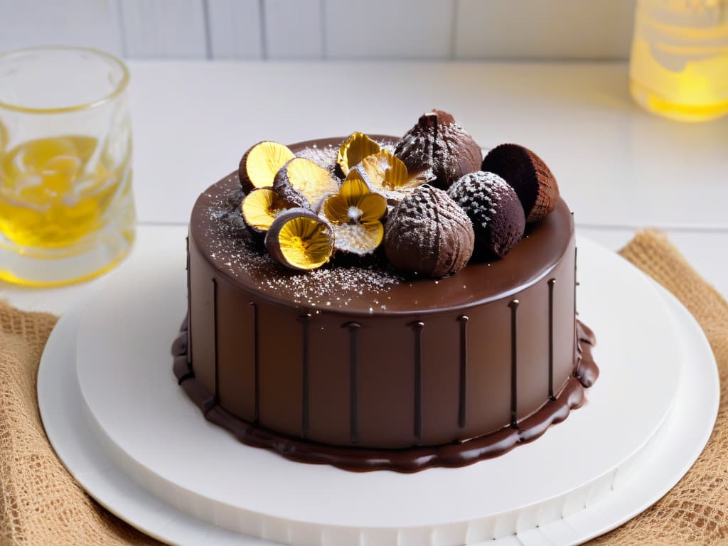  A closeup, ultradetailed image of a decadent chocolate truffle cake with a glossy ganache glaze, delicately drizzled with luxurious truffleinfused oil. The cake is elegantly decorated with shavings of dark chocolate and a sprinkle of edible gold flakes, all placed on a sleek, modern plate against a soft, blurred background to emphasize the exquisite dessert. hyperrealistic, full body, detailed clothing, highly detailed, cinematic lighting, stunningly beautiful, intricate, sharp focus, f/1. 8, 85mm, (centered image composition), (professionally color graded), ((bright soft diffused light)), volumetric fog, trending on instagram, trending on tumblr, HDR 4K, 8K