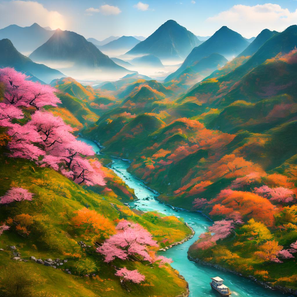  A breathtaking ((masterpiece)) capturing the scenic beauty of China, with the (((best quality))) and details that bring the landscape to life. Medium: Oil painting, Style: Realism, Artist: Zhang Daqian, Website: www.zhangdaqian.com, Resolution: 8k, Additional details: Rolling hills, flowing rivers, majestic mountains, cherry blossom trees in full bloom, and a traditional Chinese pagoda. Colors: Vibrant greens, blues, pinks, and oranges. Lighting: Soft golden sunlight illuminating the landscape. hyperrealistic, full body, detailed clothing, highly detailed, cinematic lighting, stunningly beautiful, intricate, sharp focus, f/1. 8, 85mm, (centered image composition), (professionally color graded), ((bright soft diffused light)), volumetric fog, trending on instagram, trending on tumblr, HDR 4K, 8K