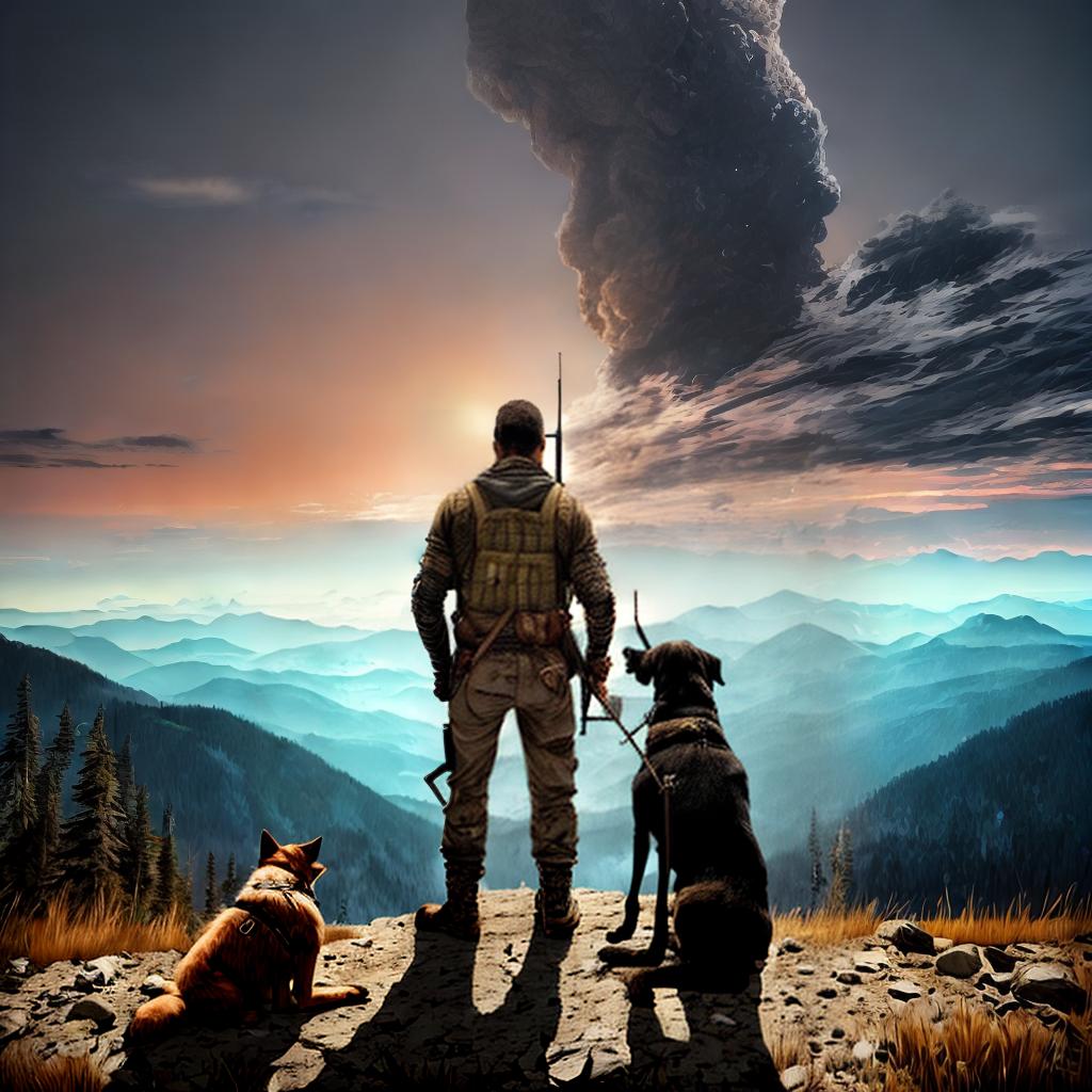  A guy with a rifle in his hands stands on a mountain with his dog during the apocalypse