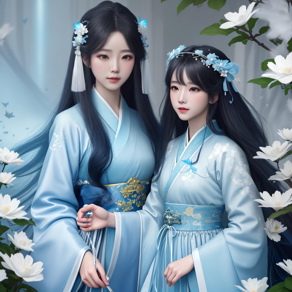  masterpiece, best quality, (Fidelity: 1.4), Best Quality, Masterpiece, Ultra High Resolution, Poster, Fantasy Art, Very Detailed Faces, 8k resolution, Chinese Style, An woman, Side Face, Quiet, Light Blue Hanfu, Tulle Coat, Long Black Hair, Light Blue Fringed Hair Ornament, Hairpin, White Ribbon, White Flower Bush, Light Blue Butterfly Flying, cinematic lighting effects