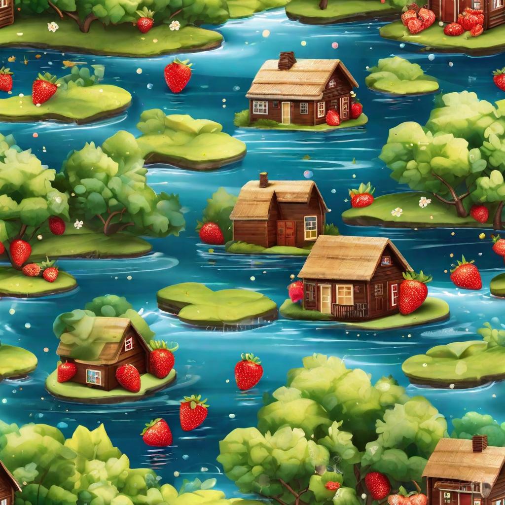  masterpiece, best quality,miniature landscape, 3D, a cabin, on sparkling water, strawberries scattered everywhere, super detail, vibrant colors, natural light, professional photography, high quality