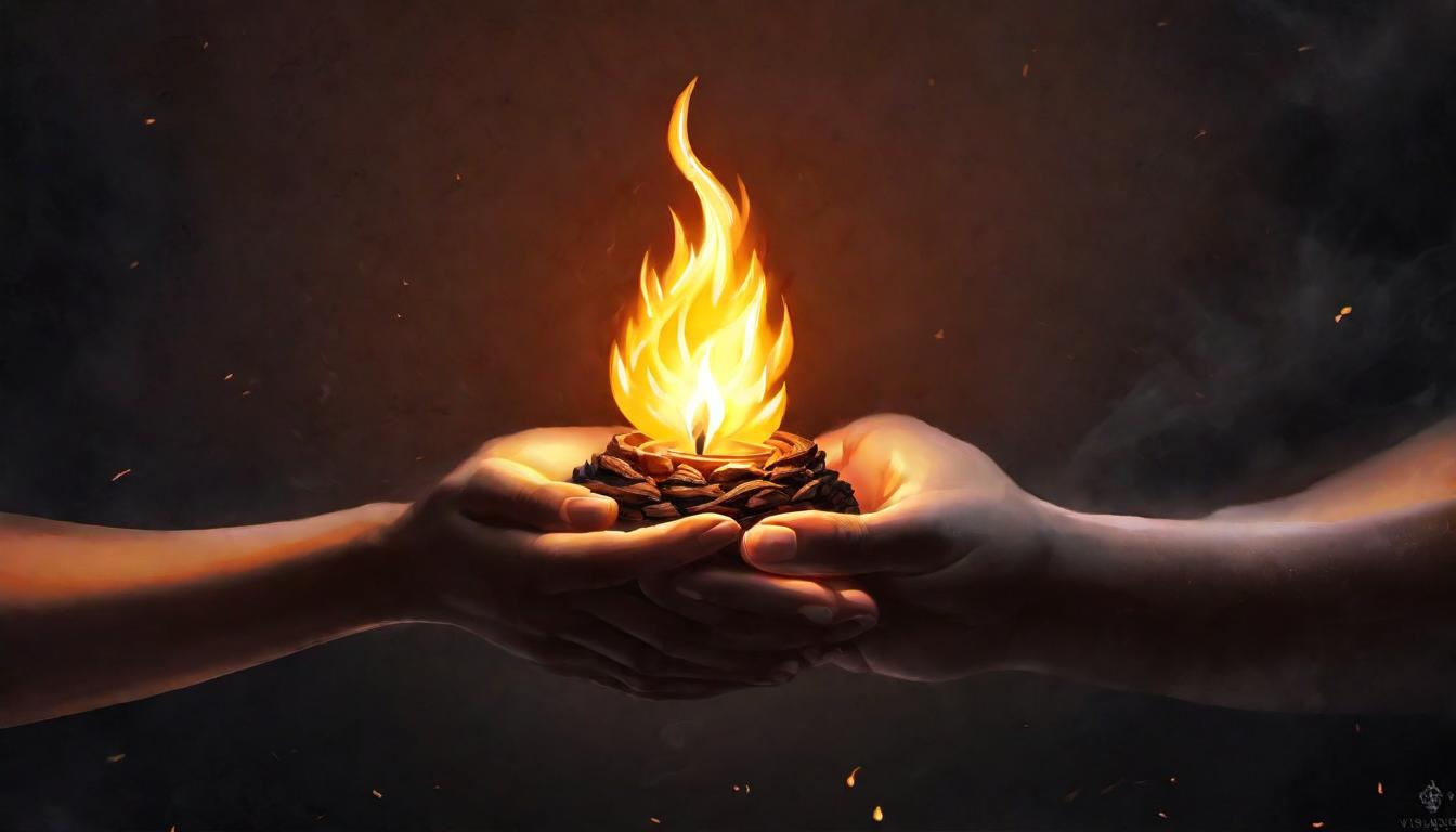  digital illustration Hands cupped around a small flame, protecting, nurturing, love and wisdom combined, vigor, warmth against the cold, answer to the call, illumination from within looking at viewer, dynamic pose, (intricate details, masterpiece, best quality)