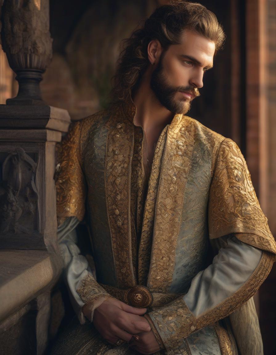  the era of the Middle Ages, as close up as possible, a dark moonlit night, (((the most detailed portrait of an elegant wealthy very young man with an elegant Spanish beard and long curly golden hair))), in luxurious light lavishly decorated with intricate embroidery clothes of the Tudor era, stands on the balcony of a medieval house and raises his head in deep thought and looks at the starry sky the sky, expressive gray green eyes drawn in the most detail, long thick eyelashes, maximum detail, fine details, saturated colors, an image in the style of Daniel F. Gerhartz and Eugene de Blaas, maximum emphasis on the face, saturated colors, hyperrealistic, full body, detailed clothing, highly detailed, cinematic lighting, stunningly beautiful, intricate, sharp focus, f/1. 8, 85mm, (centered image composition), (professionally color graded), ((bright soft diffused light)), volumetric fog, trending on instagram, trending on tumblr, HDR 4K, 8K