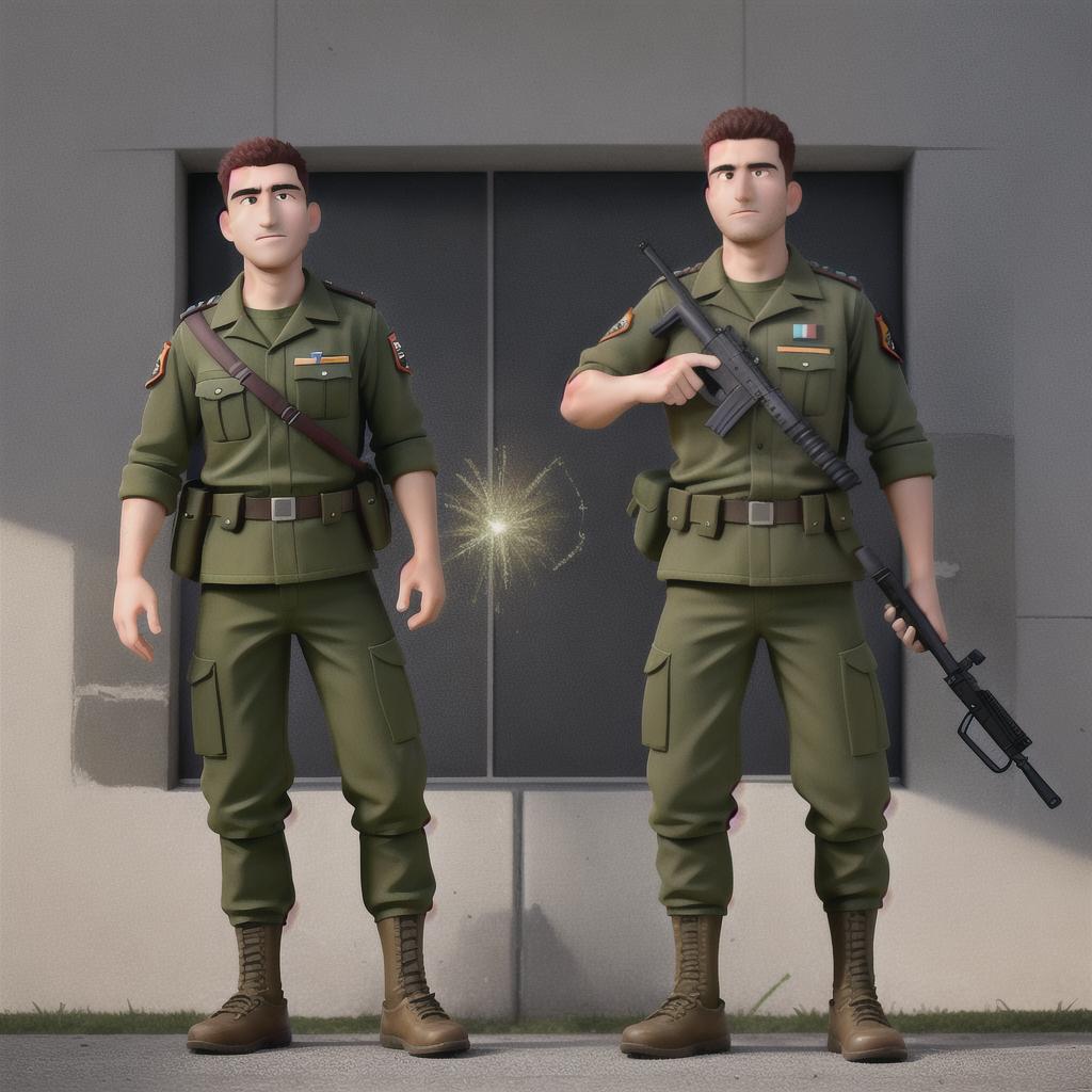  masterpiece, best quality, Best Quality, Masterpiece, Ultra High Resolution, 8k resolution, an impactful image portraying two Israeli soldiers standing side by side, emanating unity and determination. Capture the essence of their readiness and commitment, highlighting the strength and solidarity of these soldiers as they stand together, prepared for duty