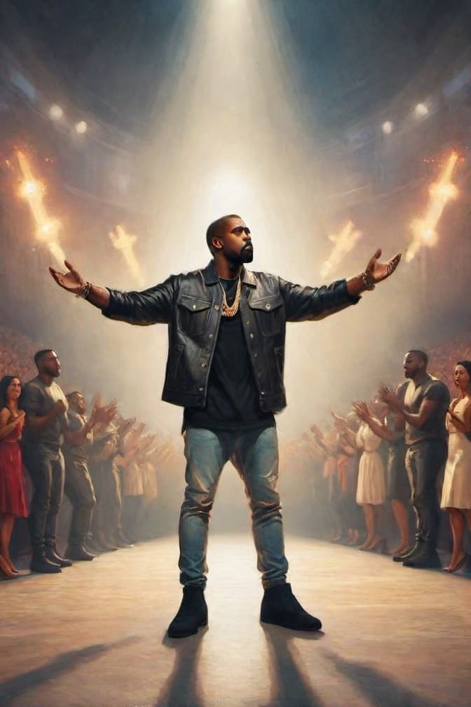  , When I think of Kanye West, I picture him on stage, commanding the attention of a massive crowd with his powerful stage presence and iconic personal style. He is often wearing bold, avant garde fashion pieces perhaps a sleek black leather jacket, distressed jeans, and his signature Yeezy sneakers. Kanye has an intense, focused expression as he performs, his hands gesturing dramatically as he raps his lyrics. The stage is surrounded by a cutting edge, high tech visual production, with dazzling lights, video screens, and a sense of spectacle that matches Kanye's outsized persona. There is an air of confidence and ambition about him, reflecting his status as a cultural icon and trailblazer in the worlds of music and fashion. hyperrealistic, full body, detailed clothing, highly detailed, cinematic lighting, stunningly beautiful, intricate, sharp focus, f/1. 8, 85mm, (centered image composition), (professionally color graded), ((bright soft diffused light)), volumetric fog, trending on instagram, trending on tumblr, HDR 4K, 8K