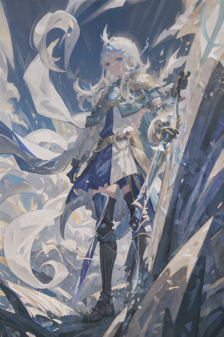  master piece , best quality,Silver hair, long hair, male, knight, blue lightning, white armor, bright light blue cape