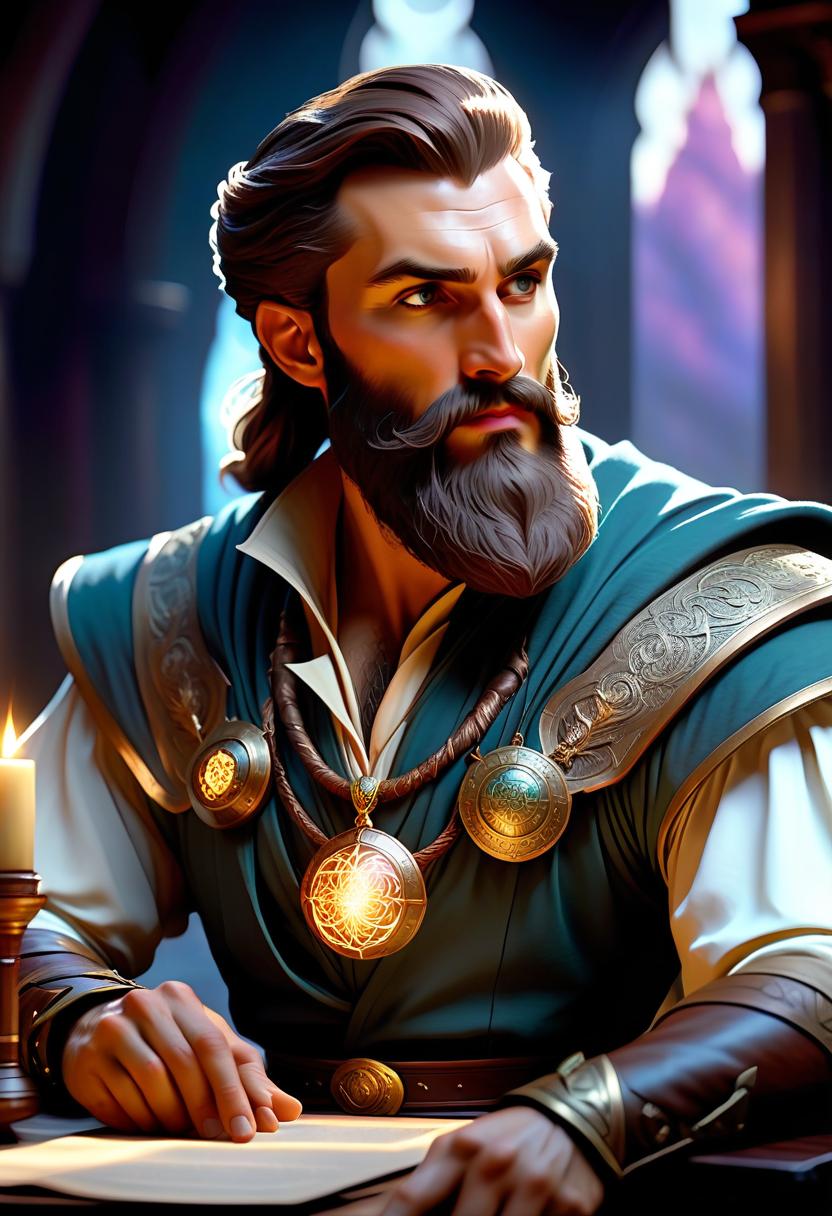  ethereal fantasy concept art of A young, bearded master of the D&D game sits at a table and looks at the world he has created. . magnificent, celestial, ethereal, painterly, epic, majestic, magical, fantasy art, cover art, dreamy hyperrealistic, full body, detailed clothing, highly detailed, cinematic lighting, stunningly beautiful, intricate, sharp focus, f/1. 8, 85mm, (centered image composition), (professionally color graded), ((bright soft diffused light)), volumetric fog, trending on instagram, trending on tumblr, HDR 4K, 8K