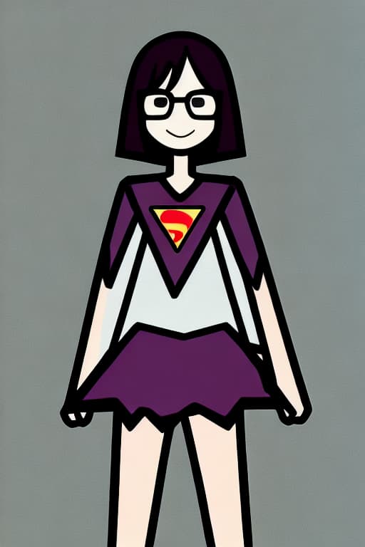  Geeky, stick figure, has anxious strained frown face, stringy straight black medium length hair, wearing a generic nondescript triangle dress outfit, with cape, afraid, nerdy, no symbol on-dress, plain mask over eyes, standing forward in a power pose, cartoon I