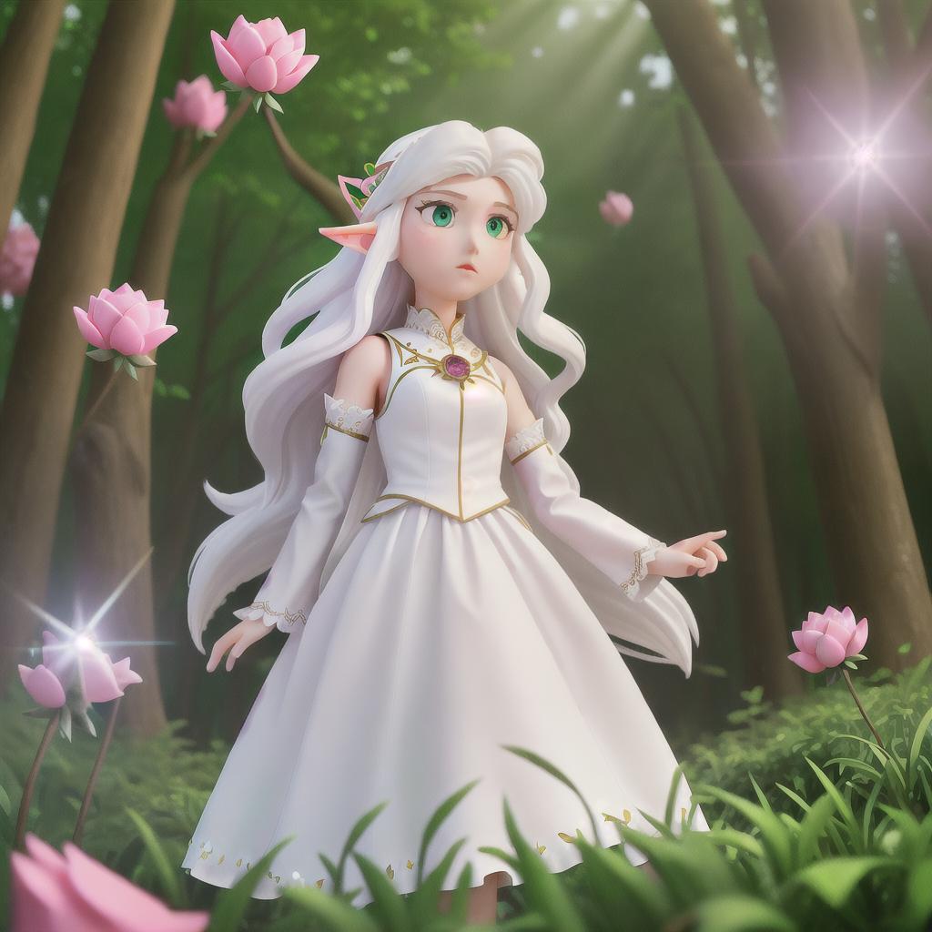  masterpiece, best quality, (masterpiece, best quality, high quality, highres, ultra-detailed), realistic,1 , the greater, (side id:1.1), long hair,((white hair)), leaf hair ornament, elf, green eyes, pale skin, bare shoulders, jewelry, white long dress, (detached sleeves:1.1), celet, (looking away:1.2), (hair floating:1.3), from side, (in forest:1.3), (pink flowers:1.1), (falling petals:1.1), (lens flare from right:1.2)