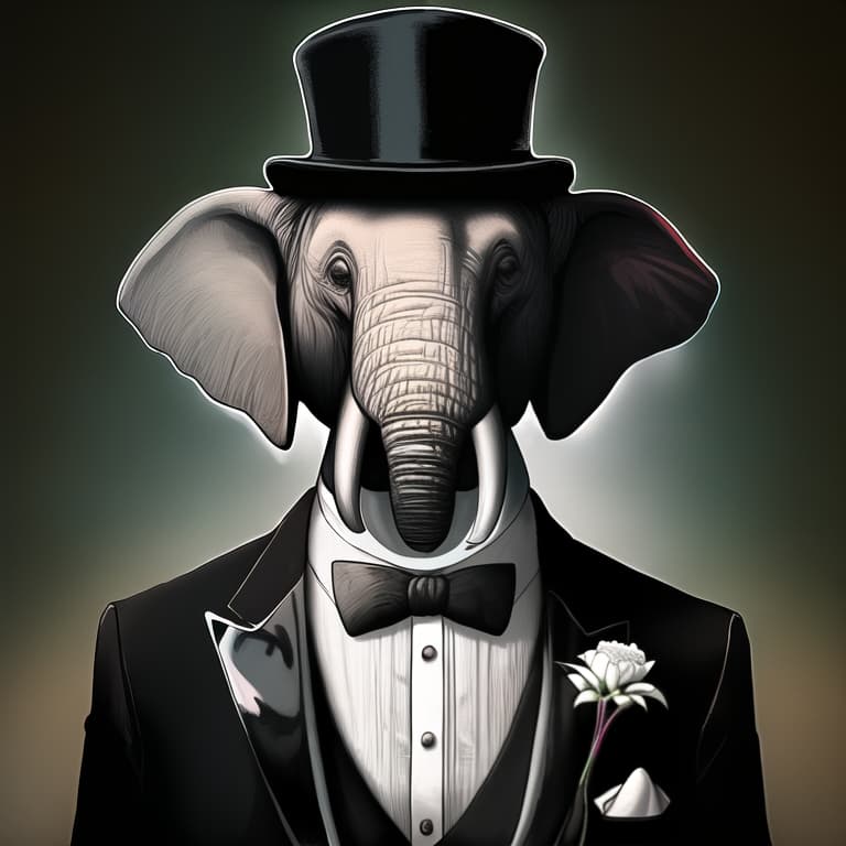  An elephant wearing a tuxedo, surreal, by René Magritte