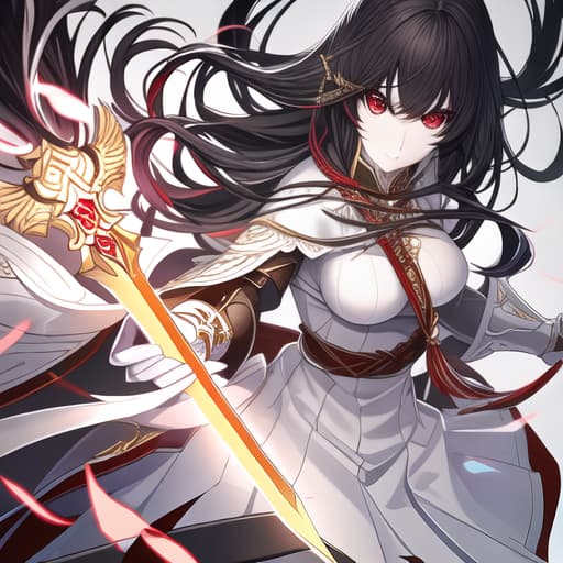  a girl manhua character with black hair and red eyes with white skin wearing knite dress and carrying a sword hyperrealistic, full body, detailed clothing, highly detailed, cinematic lighting, stunningly beautiful, intricate, sharp focus, f/1. 8, 85mm, (centered image composition), (professionally color graded), ((bright soft diffused light)), volumetric fog, trending on instagram, trending on tumblr, HDR 4K, 8K