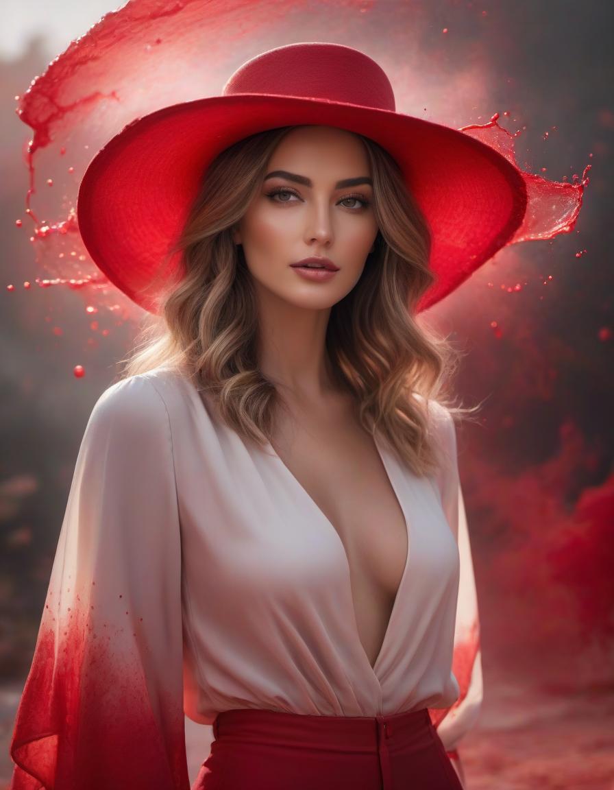  concept art A portrait of a woman with wavy hair wearing a hat, with a red splash in the background giving a dramatic effect. . digital artwork, illustrative, painterly, matte painting, highly detailed hyperrealistic, full body, detailed clothing, highly detailed, cinematic lighting, stunningly beautiful, intricate, sharp focus, f/1. 8, 85mm, (centered image composition), (professionally color graded), ((bright soft diffused light)), volumetric fog, trending on instagram, trending on tumblr, HDR 4K, 8K